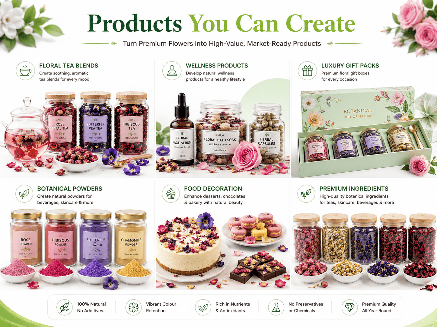 Freeze-dried flower products including floral tea wellness products and gifting solutions