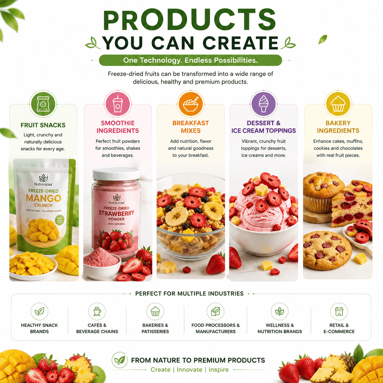 Freeze dried fruit products including snack pouches smoothie powders breakfast mixes dessert toppings and bakery ingredients