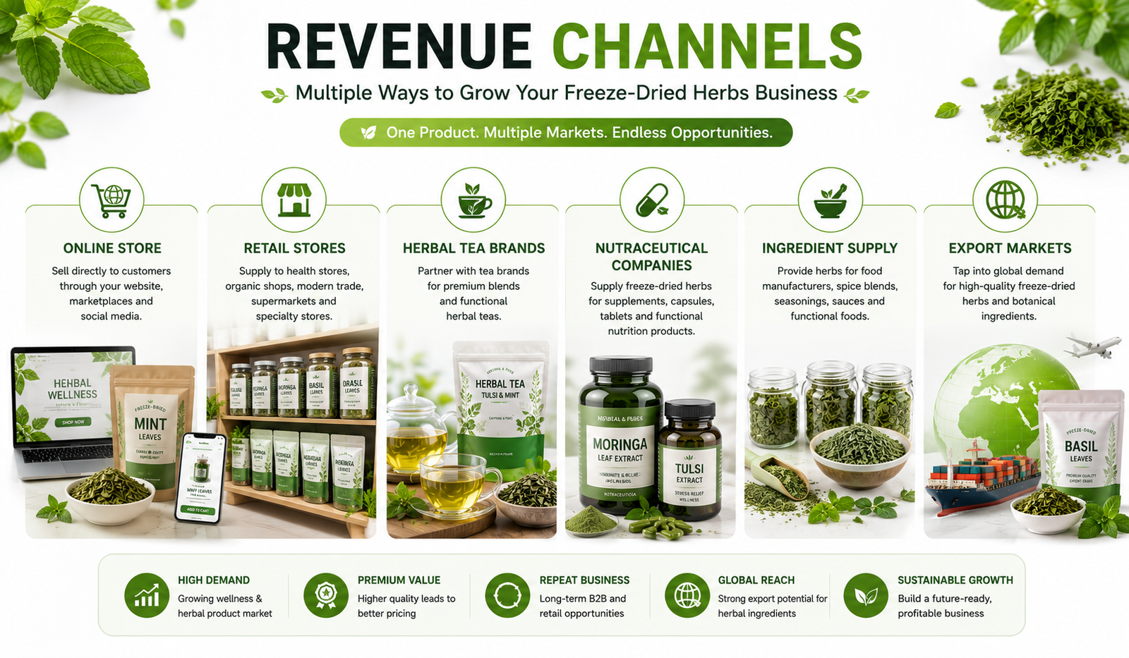 Revenue channels for freeze dried herbs business