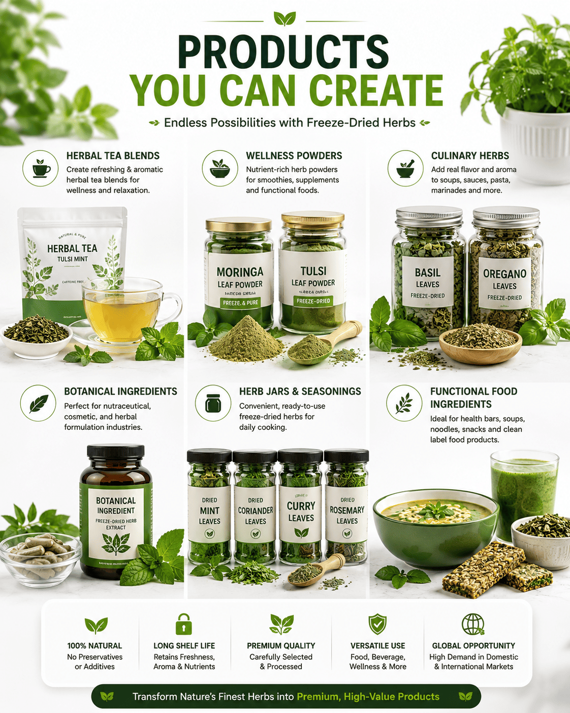Freeze dried herb products including herbal tea wellness powders culinary herbs and botanical ingredients