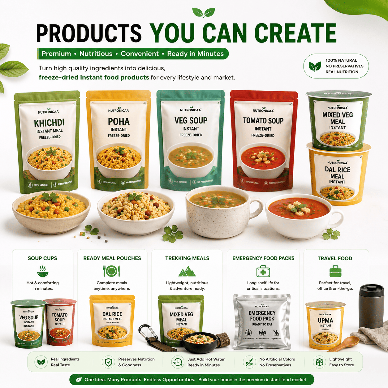 Freeze-dried instant food products including soups ready meals trekking meals and travel food packs