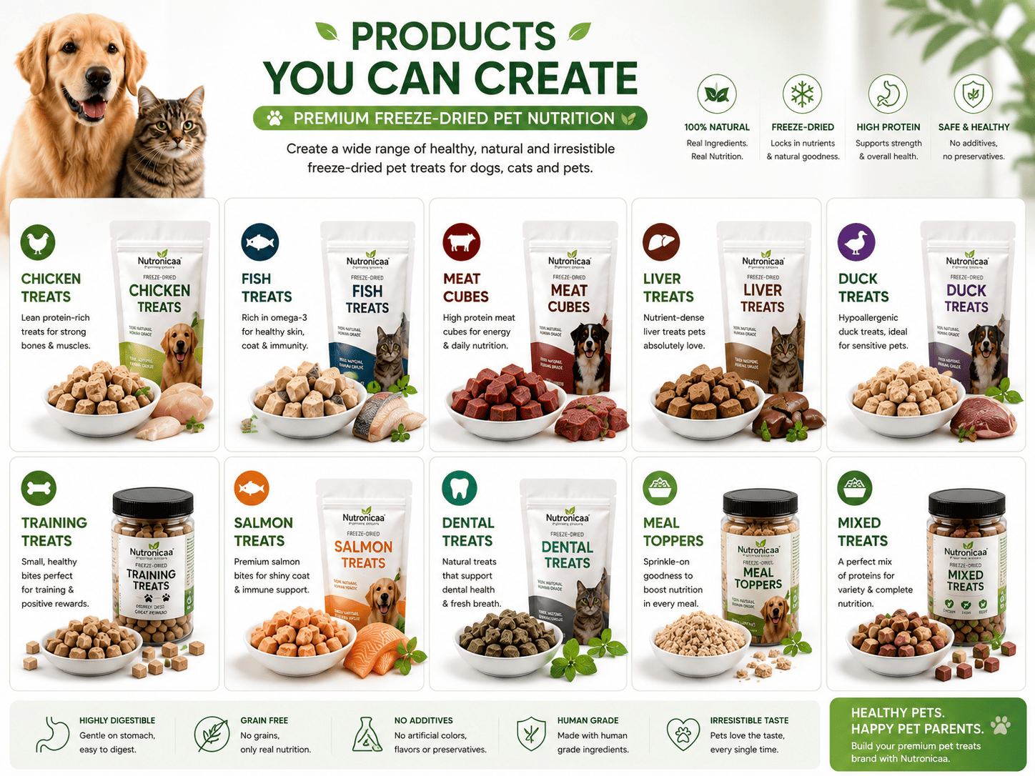 Freeze-dried pet treat products including dog treats cat treats fish treats and training treats