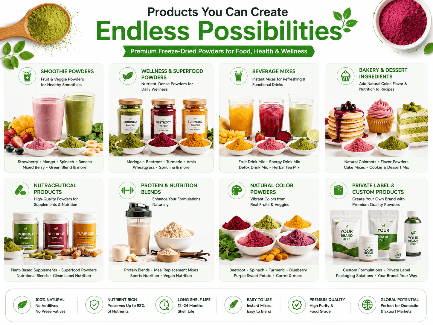 Freeze-dried powder products including smoothie powders wellness powders beverages bakery and nutraceuticals