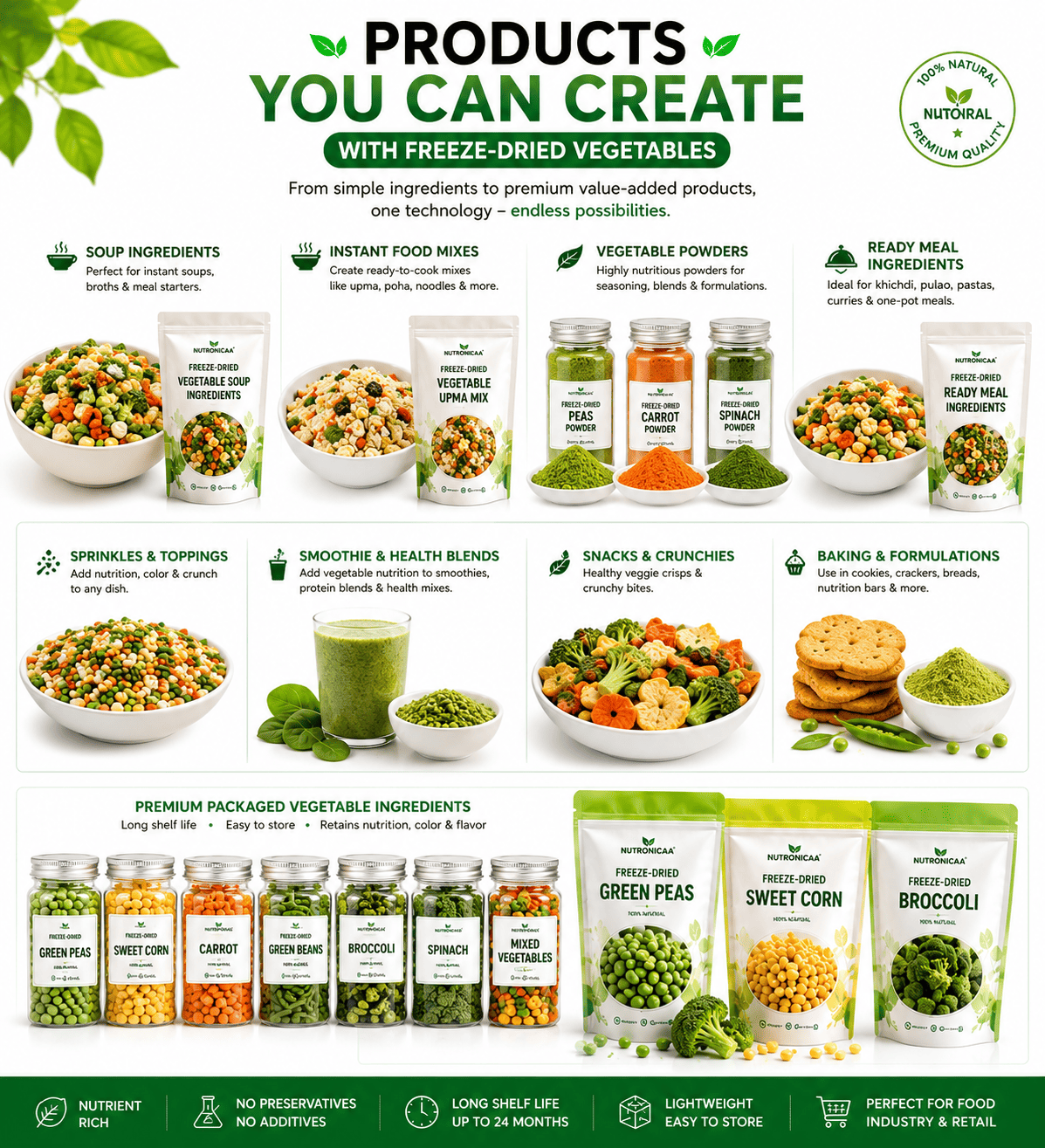 Freeze-dried vegetable products including soup ingredients instant food mixes and ready meal ingredients