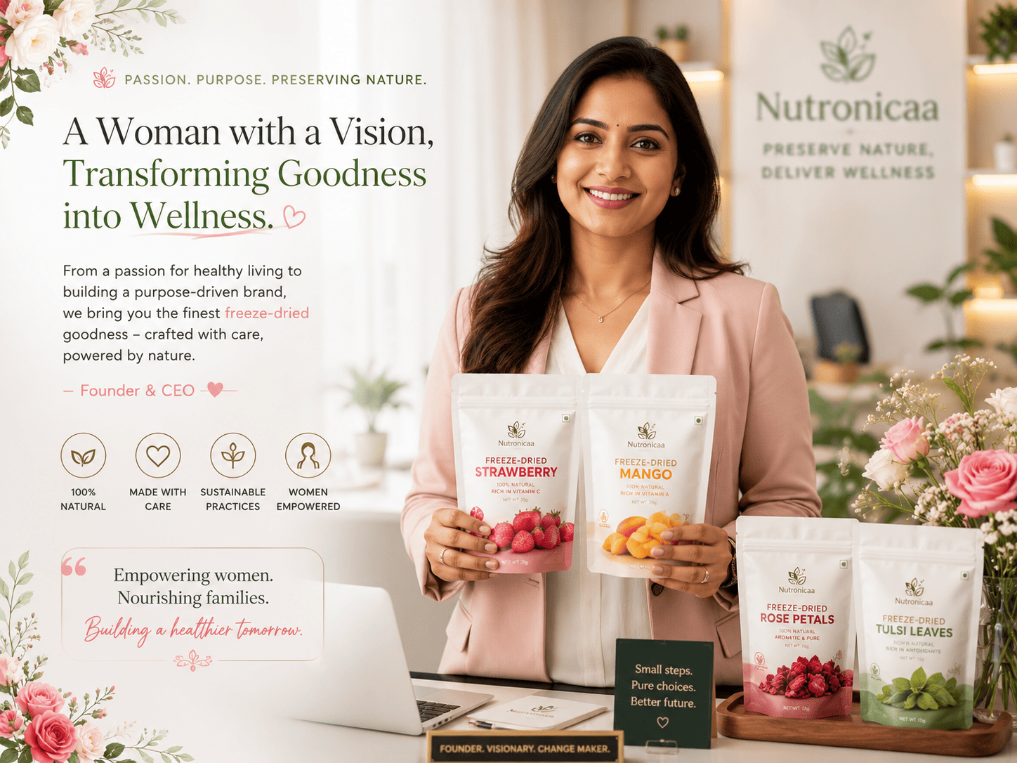Indian woman entrepreneur with premium freeze dried products by Nutronicaa