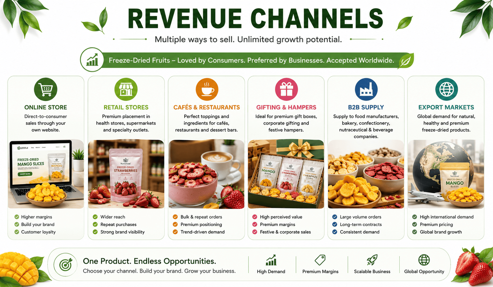 Revenue channels for freeze dried fruit business including online retail cafes gifting B2B and export