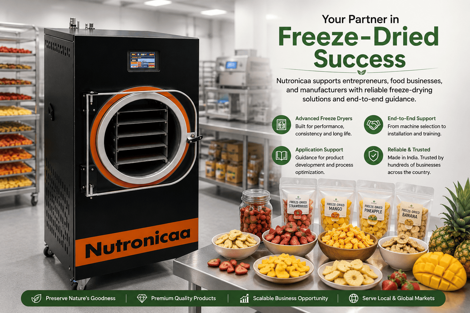 Nutronicaa support for freeze dried fruit business with freeze dryer and fruit products