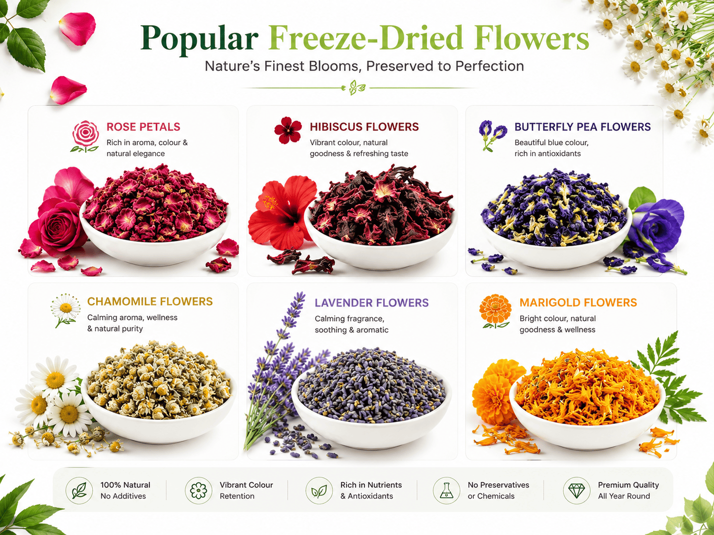 Popular flowers for freeze drying including rose hibiscus butterfly pea and chamomile
