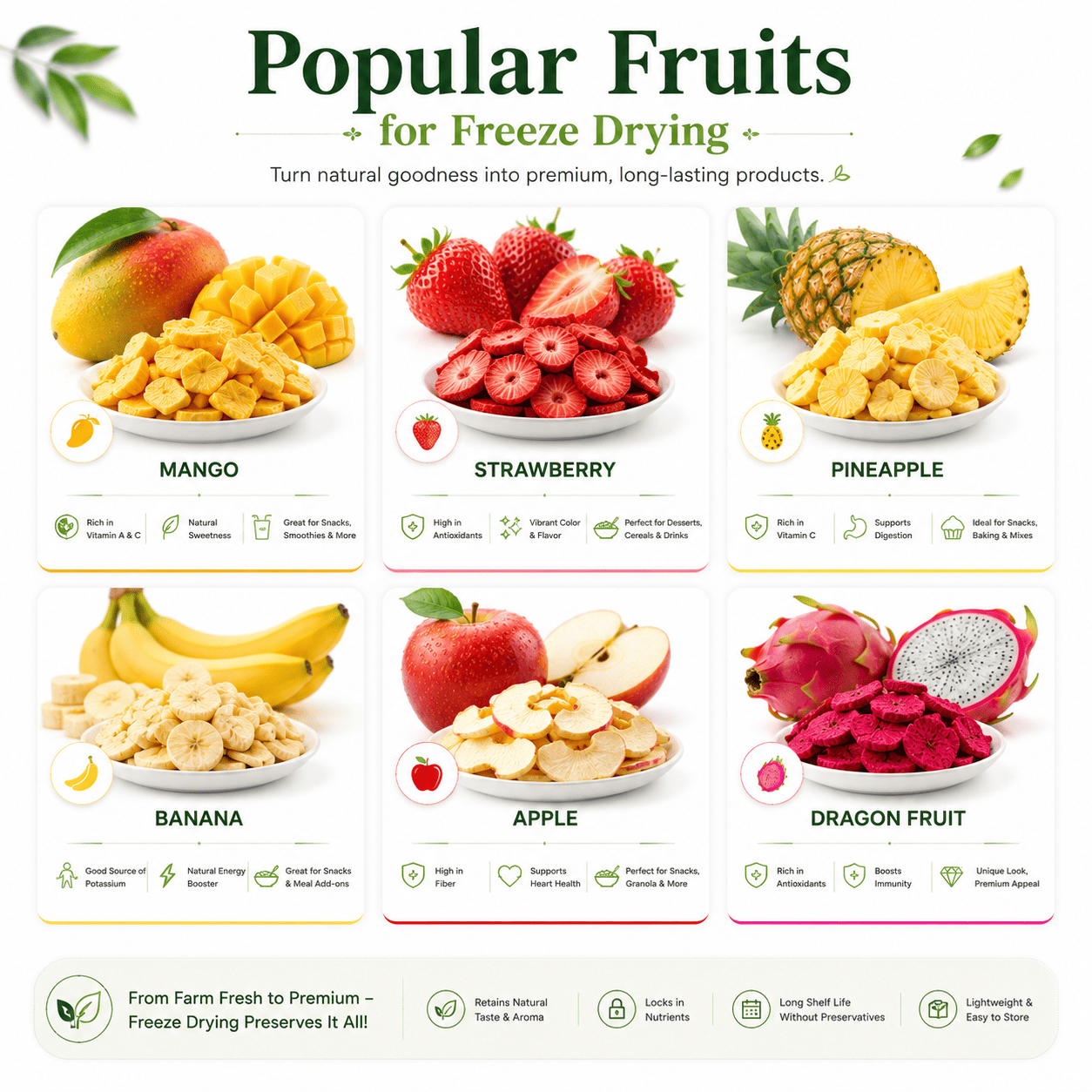 Popular fruits for freeze drying including mango strawberry pineapple banana apple and dragon fruit