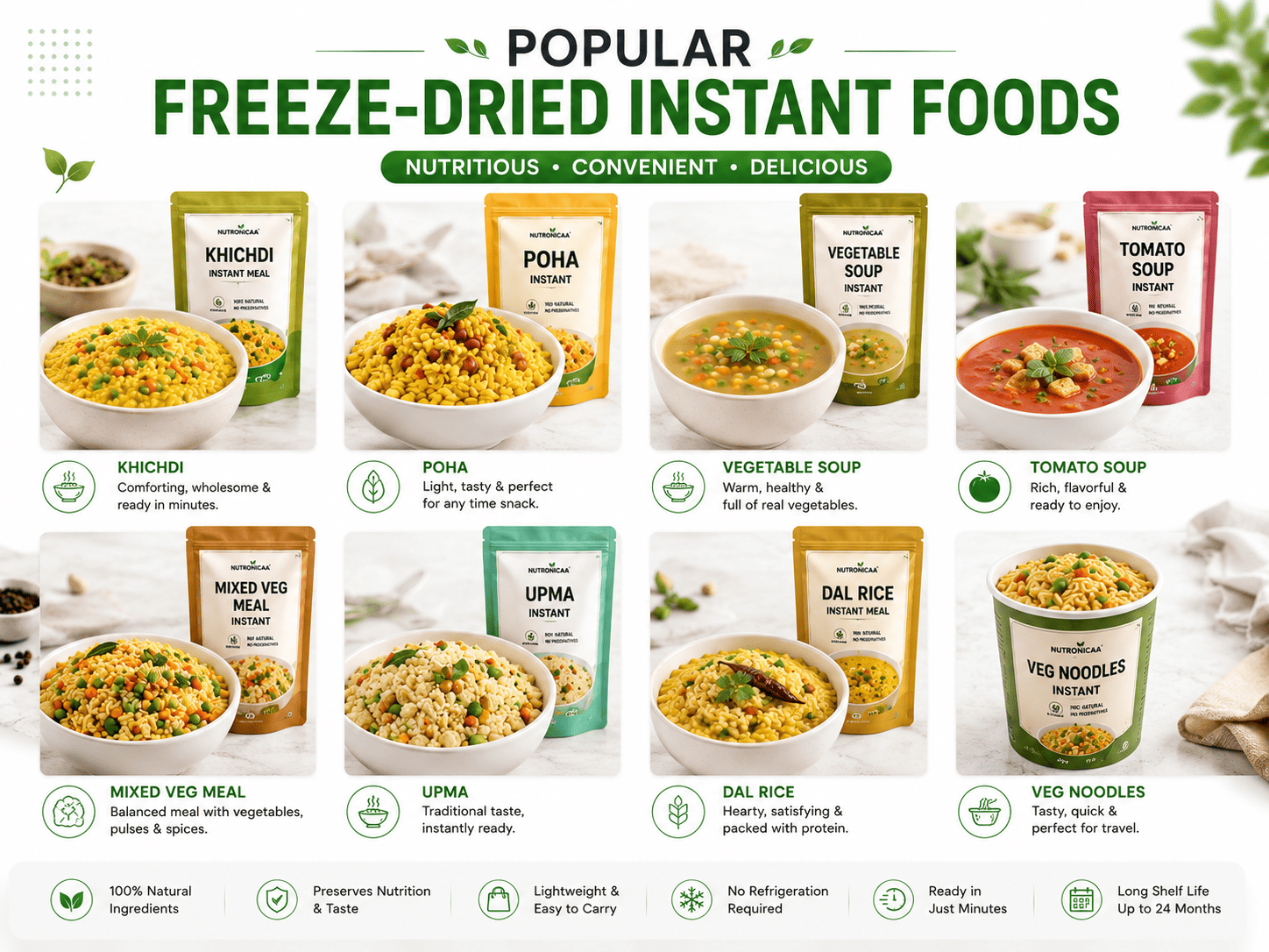 Popular freeze-dried instant foods including khichdi poha soups and ready meals