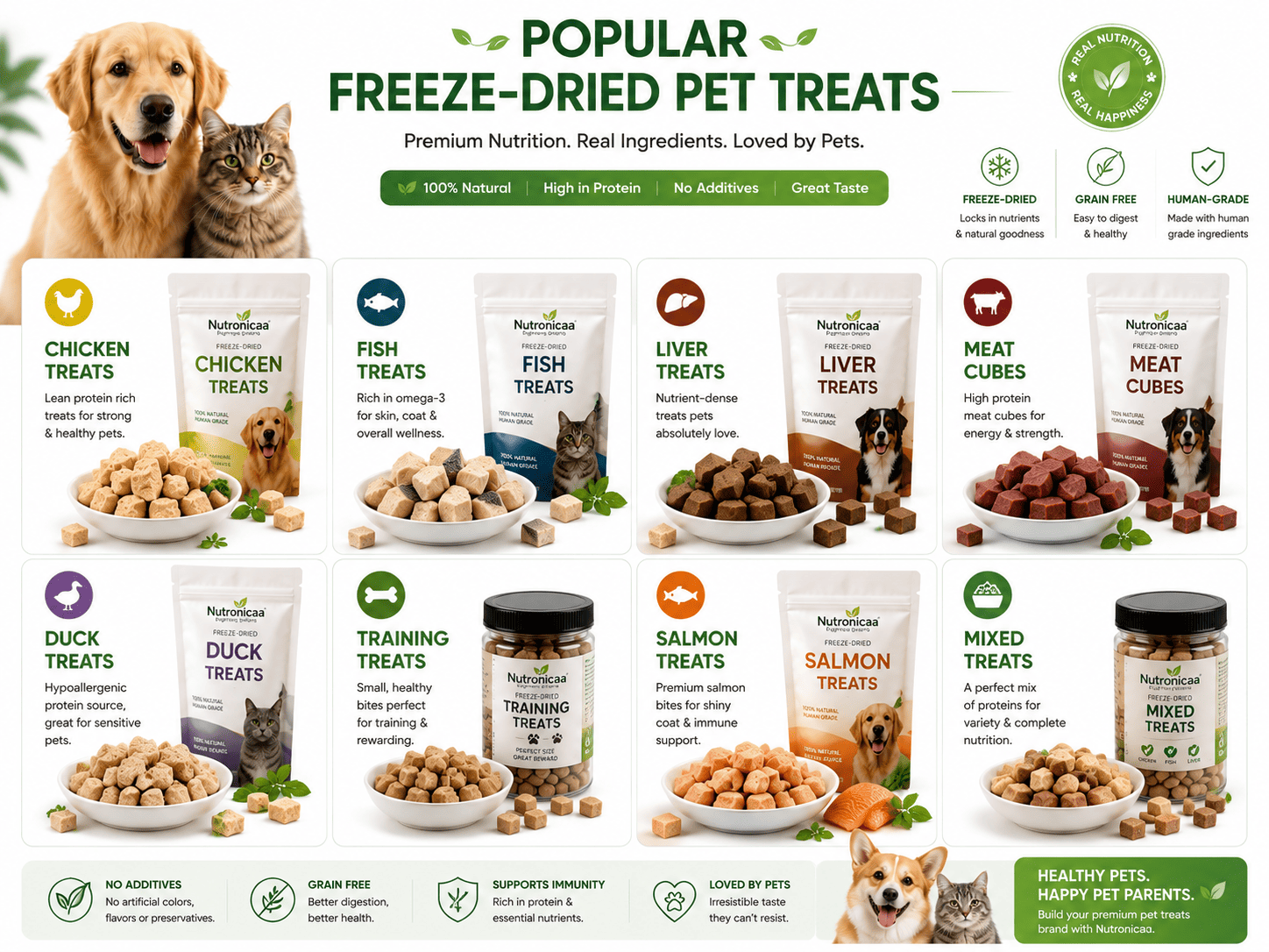 Popular freeze-dried pet treats including chicken fish liver and meat cubes