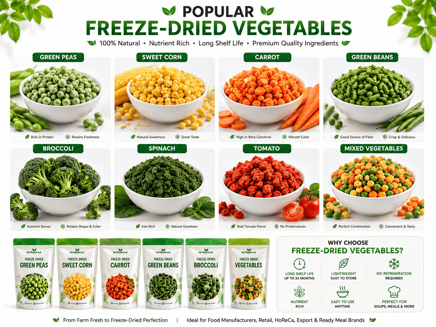 Popular freeze-dried vegetables including peas sweet corn carrot beans broccoli and spinach