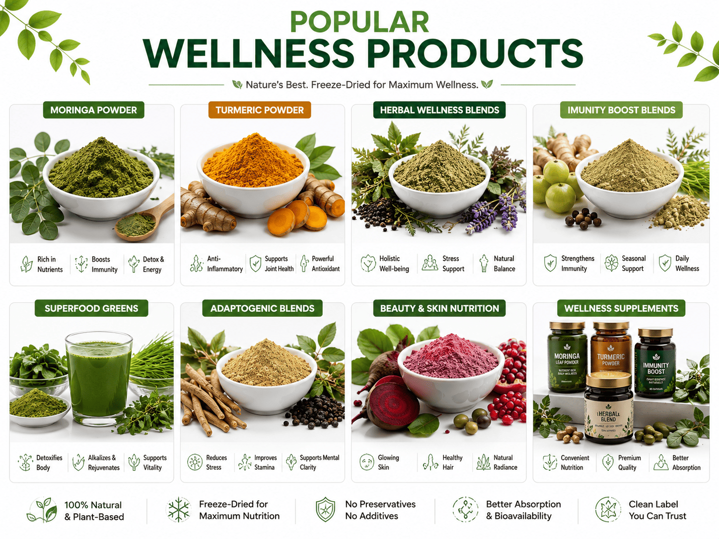 Popular freeze-dried wellness products including moringa turmeric herbal blends and immunity products