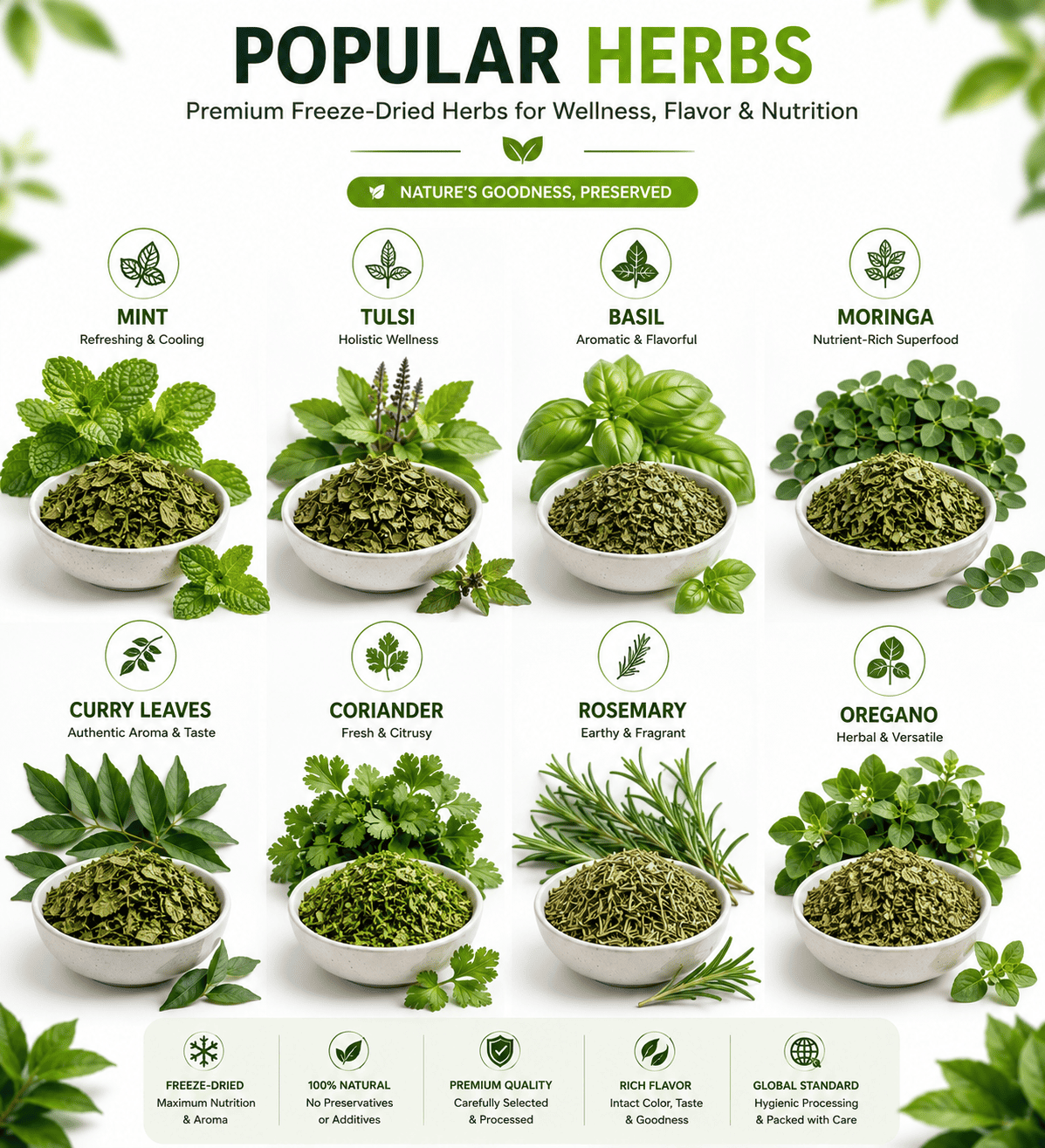 Popular freeze dried herbs including mint tulsi basil moringa curry leaves coriander rosemary and oregano