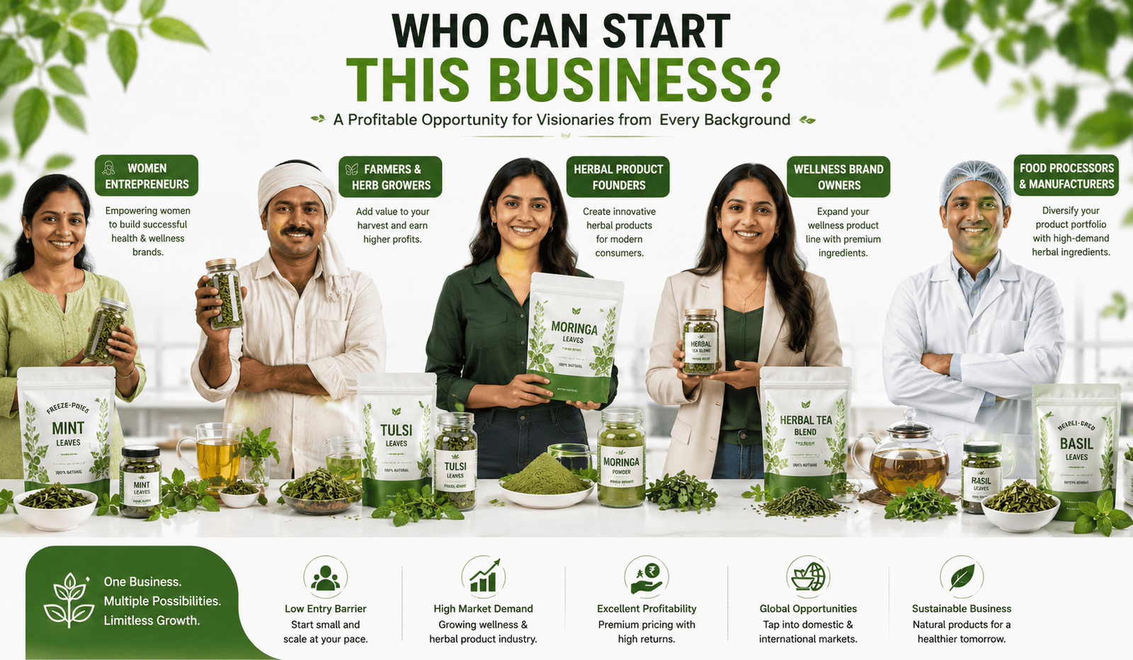 Who can start freeze dried herbs business including women entrepreneurs farmers wellness brands and processors