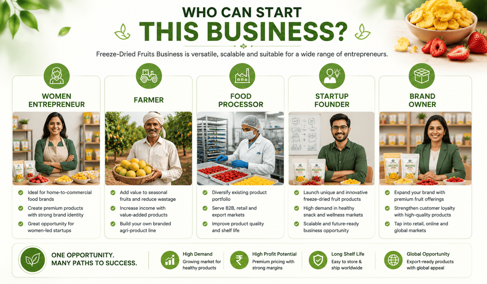 Who can start freeze dried fruits business including women entrepreneur farmer food processor startup founder and brand owner