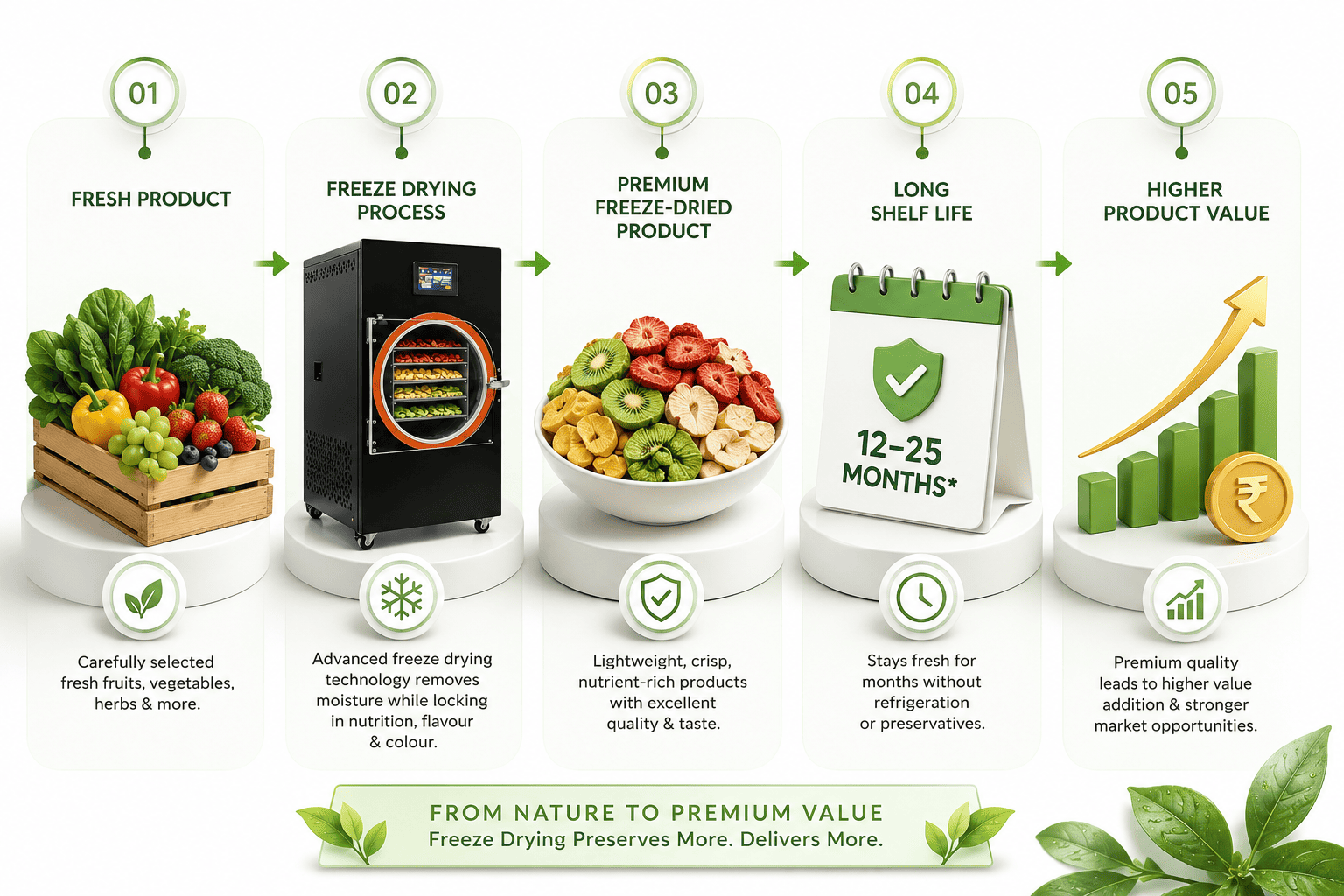 Commercial freeze drying process from fresh products to premium freeze-dried products