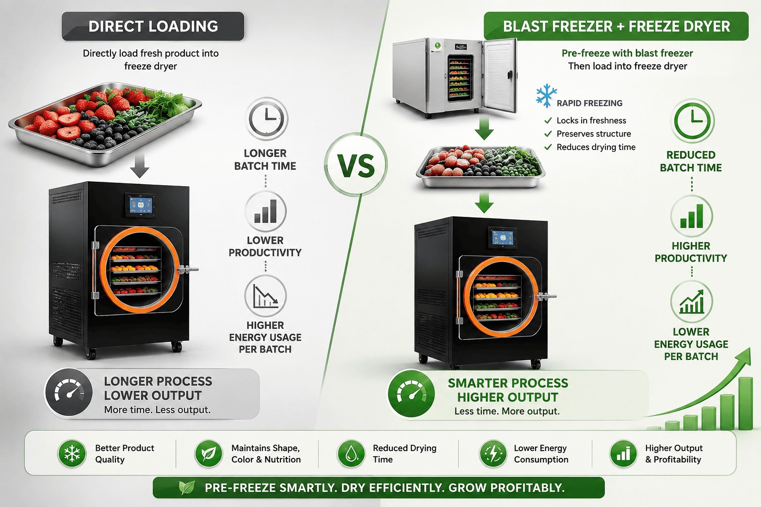 Comparison of direct freeze drying and blast freezer assisted freeze drying