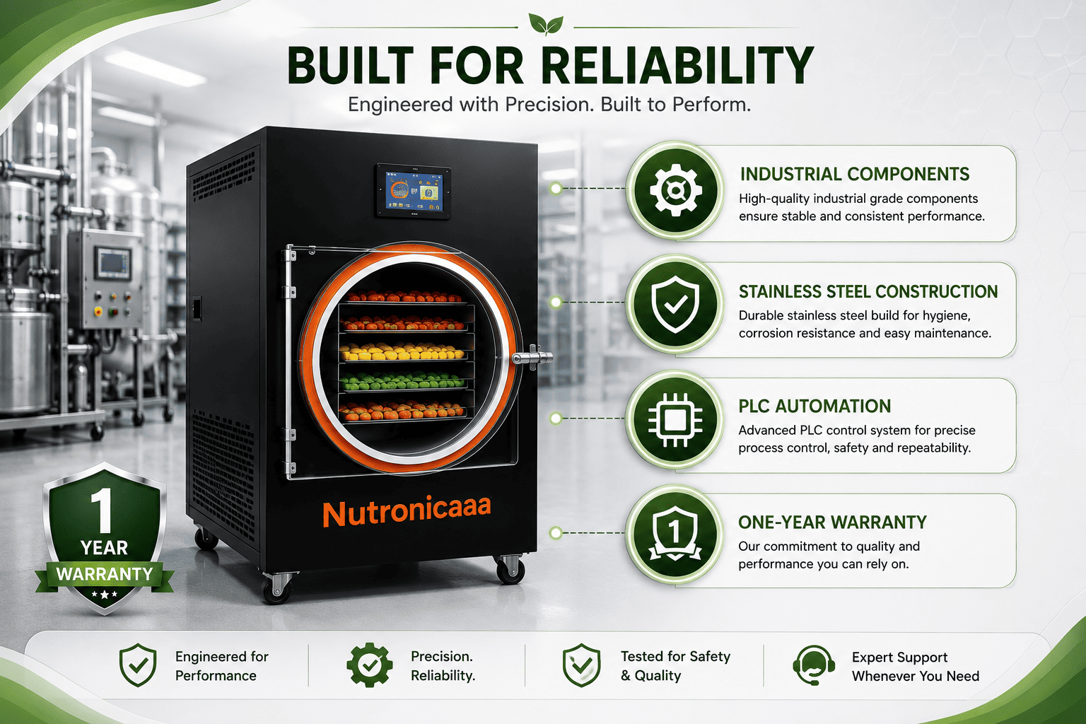 One-year warranty and industrial-grade construction of Nutronicaaa freeze dryers