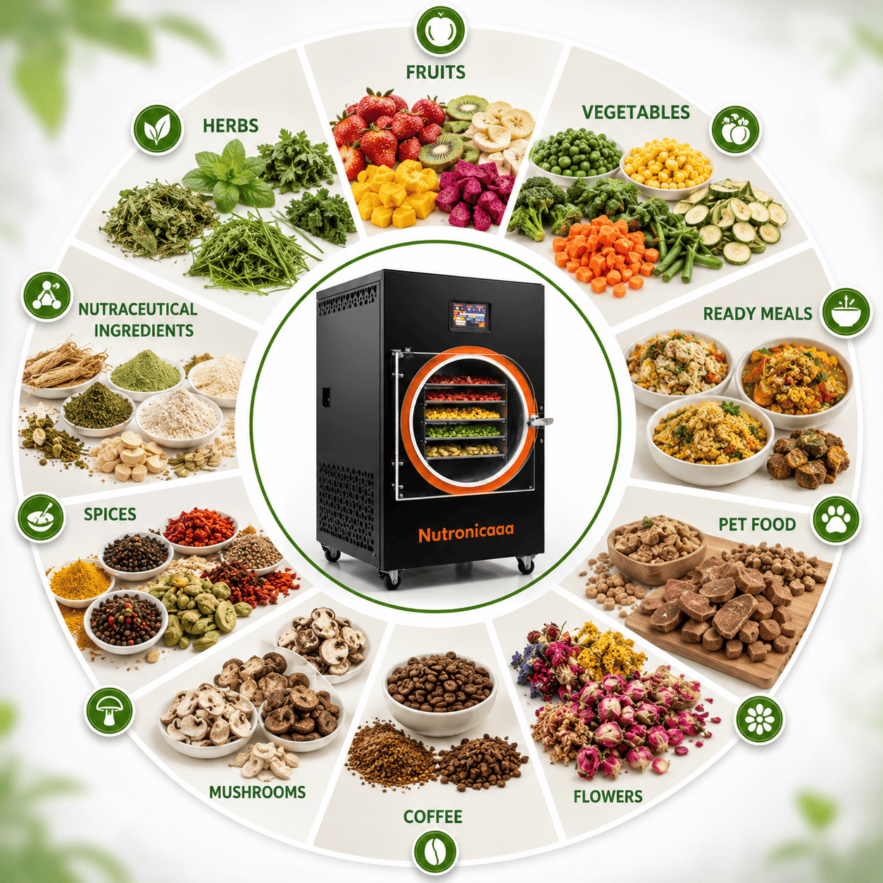 Representative commercial freeze-dried product applications including fruits, vegetables, herbs and ready meals