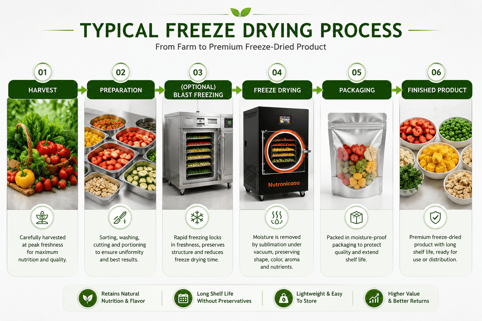 Typical commercial freeze drying process from harvesting to packaging